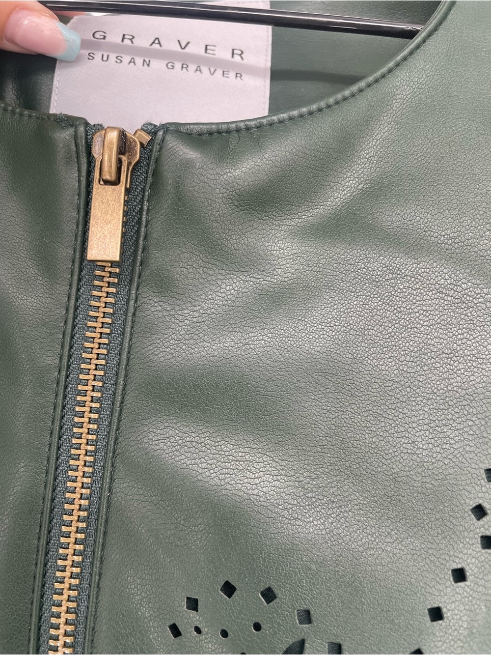 Susan Graver Dark Green Perforated Design Faux Leather Bomber Jacket Zip Front - Picture 4 of 7